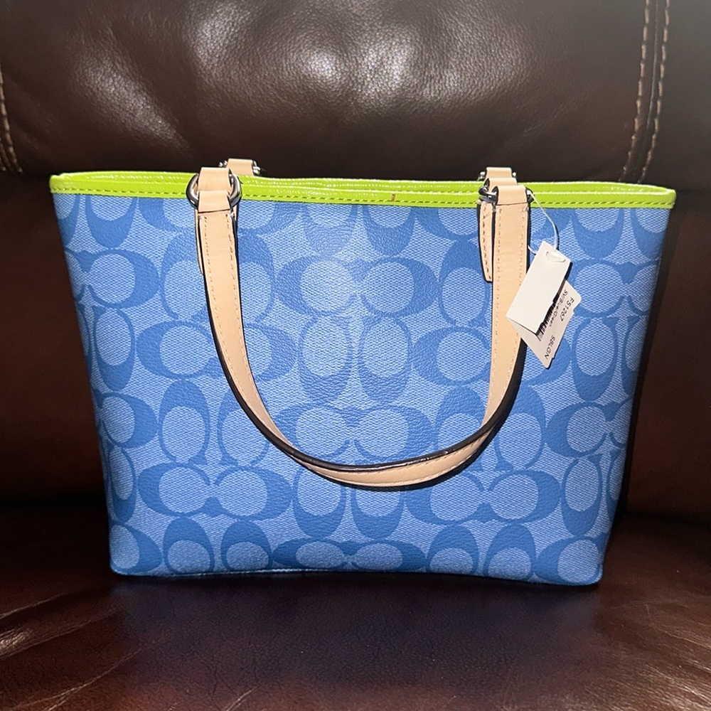 🔥🔥🔥Vintage New Coach Blue and Green Signature Small Tote Bag - Picture 4 of 11